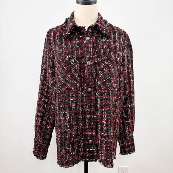 Zara Tweed Shacket Black Red Shirt Jacket Fringe Preppy Boho Contemporary Size S - Picture 3 of 15